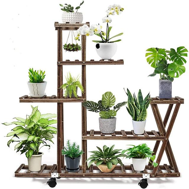Wood Plant Stand Indoor Outdoor, Plant Display Multi Tier Flower Shelves Stands, Garden Plant Shelf Rack Holder in Corner Living Room Balcony Patio Yard with 3 Free Gardening Tools