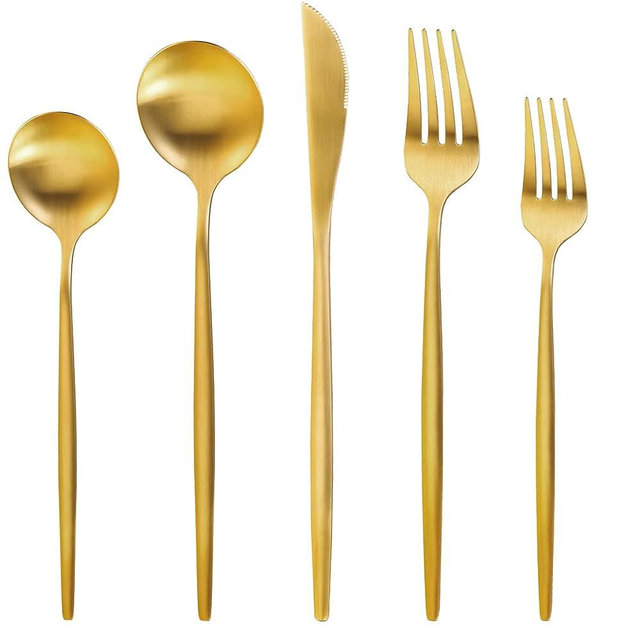 Gold Silverware Set for 12, MIKIWAY 60 Pieces Stainless Steel Flatware Set, Matte Golden Cutlery Tableware Set, Kitchen Utensils Set Include Spoons And Forks Set, Satin Polished, Dishwasher Safe