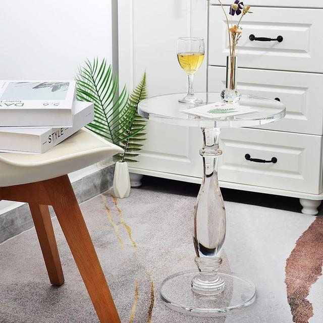 CHENQIAN Acrylic Side Table,Acrylic End Table,Modern Nightstand with Clear Small Round Top and Solid Post Leg for Living Room,Balcony,and Bedroom 13.5x13.5x19.5 High inches