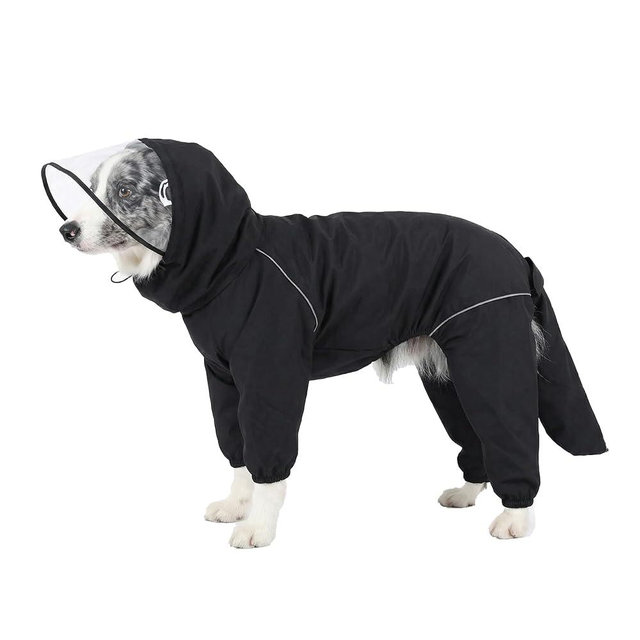 Dog Raincoat for Medium Large Dogs,rain Jacket Coat, Full Leg Coverage Waterproof Rain Suit with Detachable Hood & Tail, Reflective Strips, Snag-Free Top Zipper (Black for Boy, Small)