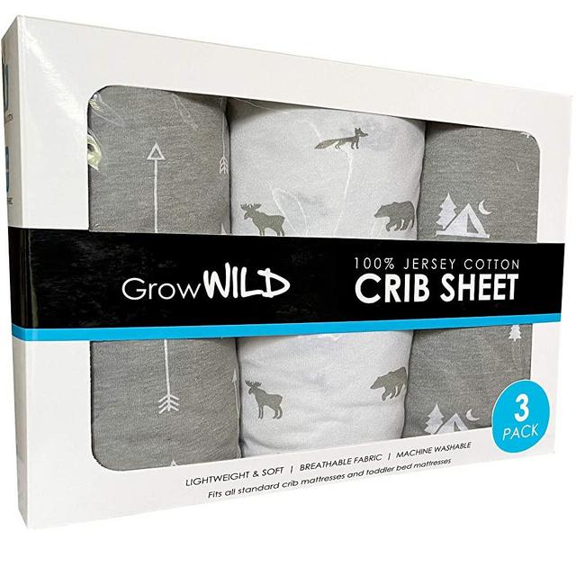 GROW WILD Crib Sheet 3 Pack | 100% Cotton, Jersey Soft Fitted | Grey Baby Crib Sheets for Boys | Woodland Nursery or Toddler Bed Sheets