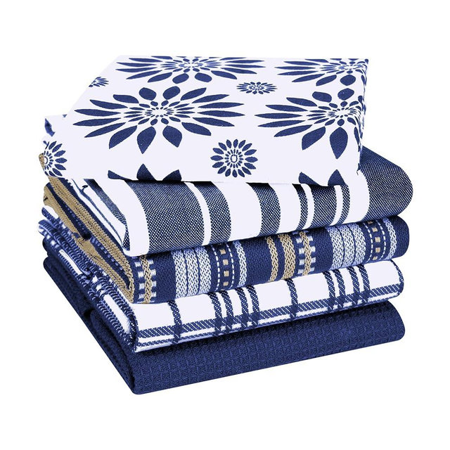 CottonCove Assorted Kitchen Towels Large 16x26 inches 100% Cotton Set of 5 - Soft Absorbent Washable Tea Towel for Kitchen - Dish Cloths with Hanging Loop - Quick Drying Dish Towels Navy Blue