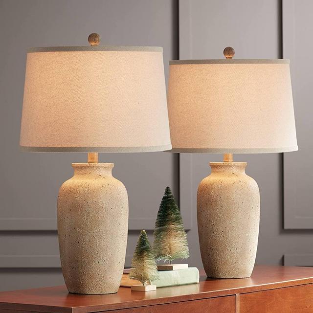 Regency Hill Rustic Farmhouse Table Lamps Set of 2 25 1/2" High Beige Oatmeal Fabric Drum Shades Decor for Living Room Bedroom House Bedside Nightstand Home Office Family