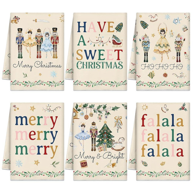 Culudea 6 Pcs Christmas Kitchen Towels Set Nutcracker Hand Dish Towels Ballerina Merry Bright Microfiber Dishcloths Kit Holiday Colorful Kitchen Bathroom Decor Xmas Party Seasonal Gifts