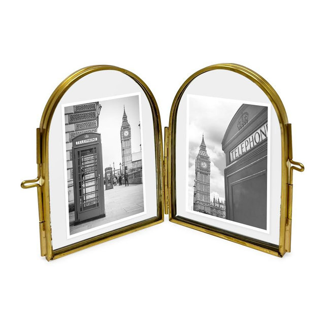 Isaac Jacobs 2x3 Vintage Style, Double-Sided Arched Brass & Glass Metal Floating Picture Frame with Locket Closure (Vertical), Made for Tabletop Display (2x3 Vertical, Antique Gold)