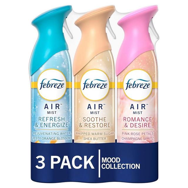 Febreze Air Mist Odor-Fighting Air Freshener Mixed Scent, Refresh & Energize, Soothe & Restore, Romance & Desire, 8.8 oz. Aerosol Can, Pack of 3