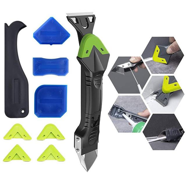 5 in 1 Caulking Tool Kit with 4 Silicone Caulk Finishing Tool Set, Glass Glue Angle Scraper, Caulk Remover and Sealant Scraper Set, Easy Caulk Removal Cleaner