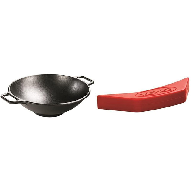 Lodge BOLD 14 Inch Seasoned Cast Iron Wok; Design-Forward Cookware & ASAHH41 Silicone Assist Handle Holder, Red