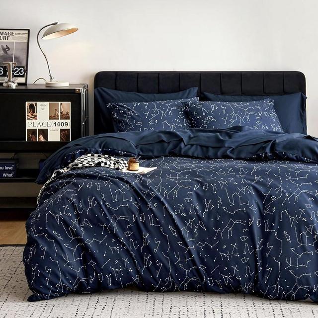 Wake In Cloud - Constellation Comforter Set with Sheets, Celestial Space Star Galaxy Astrology Lightweight Bedding for Teen Kids Boys Girls, 7 Pieces Bed in a Bag, Navy Blue, Queen Size