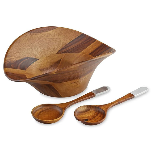 Nambe Ripple Wooden Salad Bowl 3 Piece Set, 15.5 Inch Large Salad Bowl with Serving Utensils, Acacia Wood & Alloy Salad Servers & Fruit Bowl, Housewarming Gift, Designed by Alvaro Uribe
