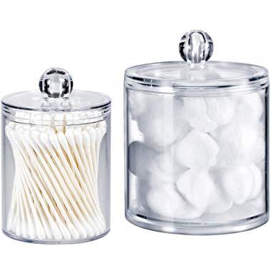 Qtip Dispenser Holder Bathroom Vanity Organizer Apothecary Jars Canister Set for Cotton Ball,Cotton Swab,Q-tips,Cotton Rounds,Bath Salts,Premium Quality Plastic Acrylic Clear | 2 Pack,10 Oz. & 20 Oz.