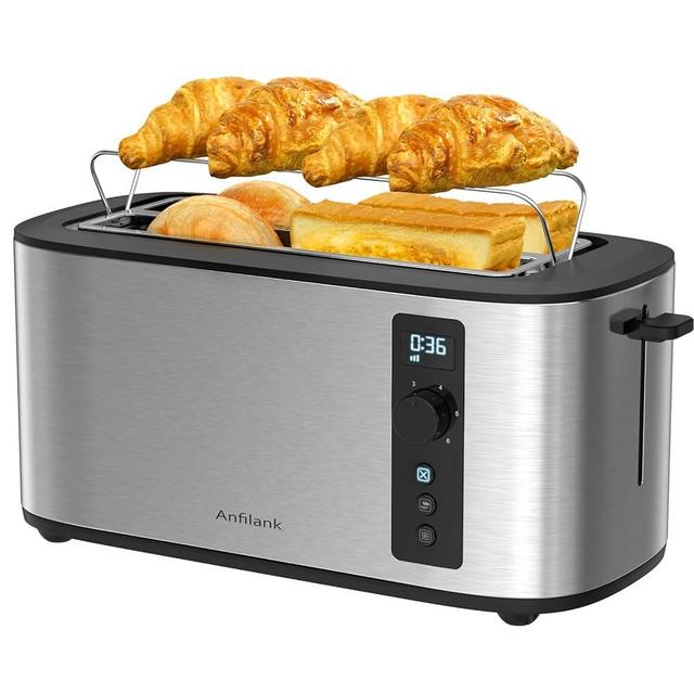 Stainless Steel Toaster 4 Slice Long Wide Slot 1.5" with Digital Countdown Timer, Built-in Warming Rack, Bagel/Cancel/Defrost Functions, 6 Browning Settings, Removable Crumb Tray Anfilank