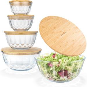 Large Stackable Set of 5 Nesting Glass Bowls with Bamboo Lids for Foodprep, Storage, Baking, Sourdough Mixing & Cooking. Microwave & Oven Safe Heat Resistant Inert Borosilicate Glass