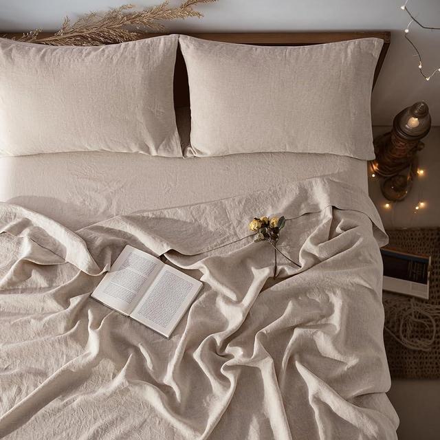 LBR02M 100% Linen Sheet Set King Size,Bed Sheets 4 Piece Sets,Solid Color Natural Flax Cotton Blend Soft Breathable Bedding,16 inches Deep Pocket,All Season (Linen)