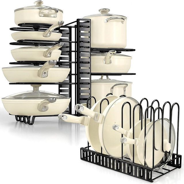 Pots and Pans Organizer for Cabinet, 3-in-1 Adjustable Cookware Storage Rack System, 8 Tier Pot Organizers Rack, Adjustable Pan Organizer under Cabinet Kitchen Organization and Storage 16.5 Height.