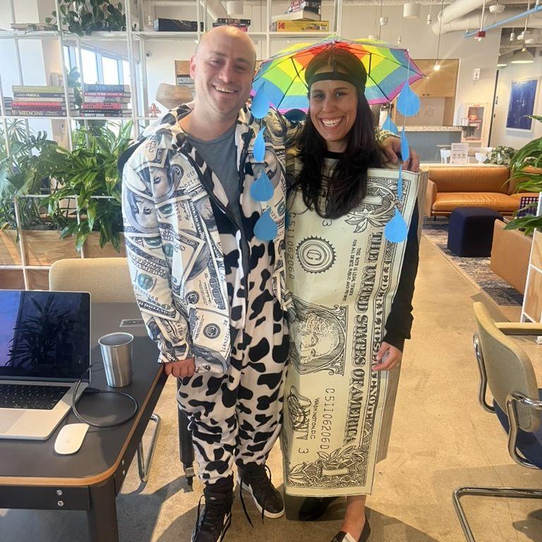 We find ourselves putting together a lot of funny couple costumes. This past year we dressed up as a money cow and liquid asset (an ode to Mandy's career as a financial advisor). Fun fact, Sam is born on Halloween so as a kid he loved getting a ton of candy on his birthday.