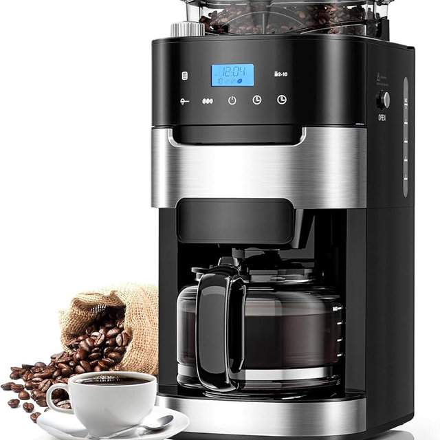 10-Cup Drip Coffee Maker with Built-in Grinder, Programmable Grind & Brew, 220g Bean Hopper, Adjustable Grind Size & Coffee Strength, Descaling Alert, 24H Timer, 2H Keep Warm, LED Touchscreen