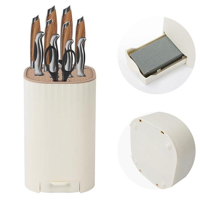 Knife Block Without Knives with Sharpening Stone Large Volume with Scissors Slot Knife Holder Qoosea Easy Cleaning Detachable Knife Storage Space Saver for Kitchen White