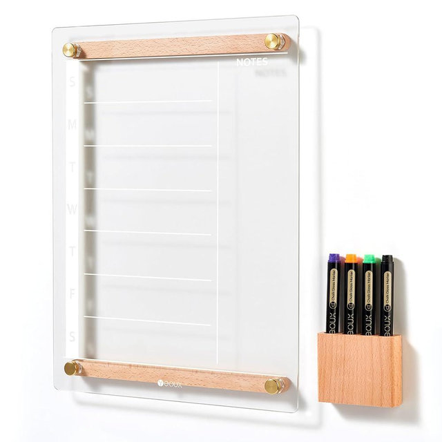 Clear Glass Weekly Dry Erase Calendar Whiteboard with Wood Decoration for Wall, Menu & Meal Planner White Board for Home Kitchen, 15x11, Wood Marker Holder and 4 Markers Included, Yeoux