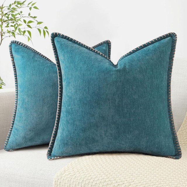 decorUhome Summer Chenille Soft Cozy Throw Pillow Covers 24x24 Set of 2, Modern Farmhouse Boho Velvet Decorative Euro Sham Pillow Cases with Stitched Edge for Couch Sofa Bed Home Decor, Teal
