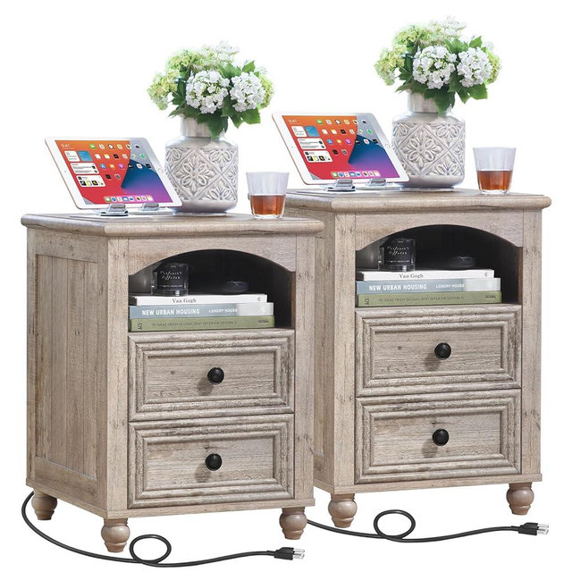 RWYHG 18" Farmhouse Night Stand Set of 2 with Charging Station, Gray Wood Nightstand with 2 Drawers, Bedside End Table with Shelf Storage, Bed Side Tables for Bedroom, Living Room, and Closet