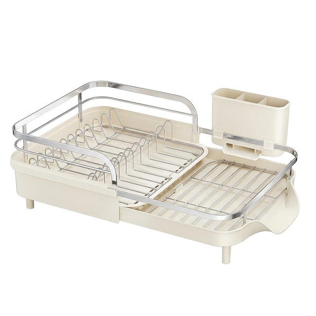 SAYZH Dish Drying Rack - Expandable Dish Rack for Kitchen Counter, Rust-Resistant Dish Drainer with Utensil Holder and Raised Guardrail, Kitchen Organizer for Cup and Bottle (Beige)