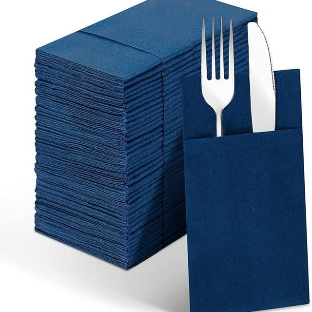 Linen-Feel Navy Blue Paper Napkins, 50 Pcs Cloth Like Dinner Napkins with Built-in Flatware Pocket, Pre-Folded Absorbent Napkins Disposable Guest Paper Hand Towels for Bathroom, Weddings Party Napkins