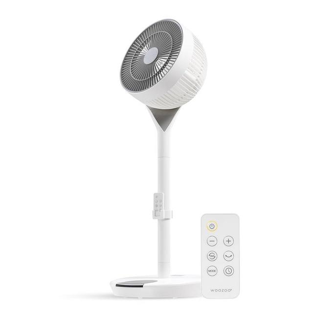 IRIS USA WOOZOO, Pedestal Standing Fan with Remote, 360 Oscillating, 12 Speeds, Low Noise DC Motor, 8h Timer, Touch Panel, Height Adjustable, White/Gray