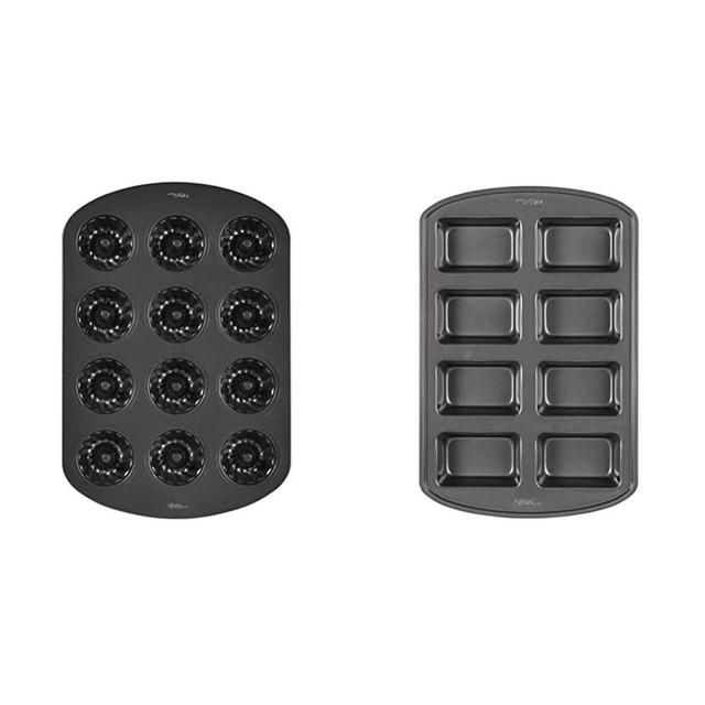 Wilton Non-Stick Mini Fluted Tube Pan, 12-Cavity, Steel, Multi-Cavity Mini Cake Pan, Black & Perfect Results Non-Stick Mini Loaf Pan, 8-Cavity, 15.2 IN x 9.5 IN x 1.6, Gray