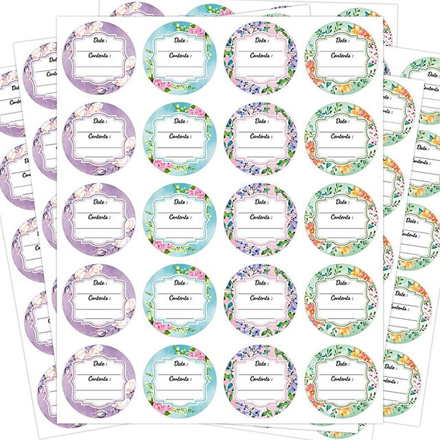 Canning Labels Stickers 4 Floral Designs 2 Inch Large Round 300 PCS for Container Labels Spice Mason Jar Lids Canister Food Storage Packaging Sealing Canning Supplies