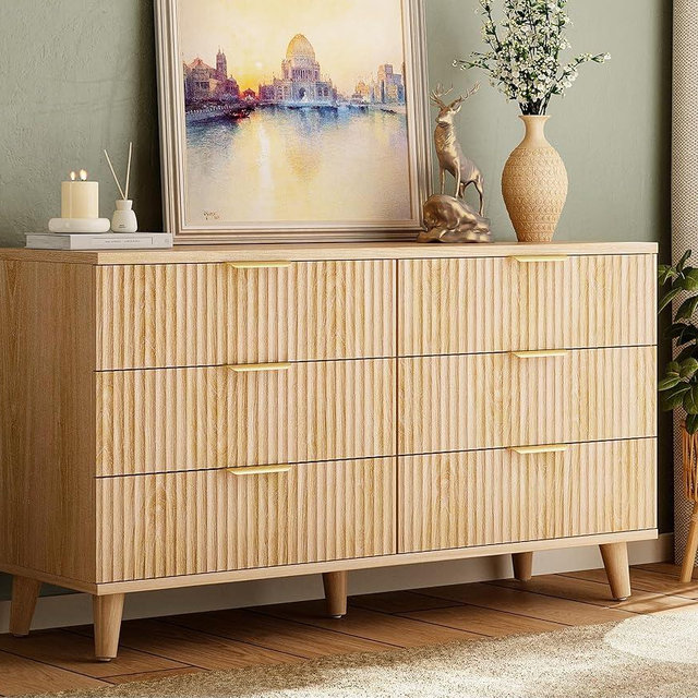 Lulive Dresser for Bedroom Wood Dressers Chest of Drawers, Fluted 53.2" Wide Modern Long Dresser TV Stand 6 Drawers for Bedroom, Closet, Living Room, Hallway (Natural)