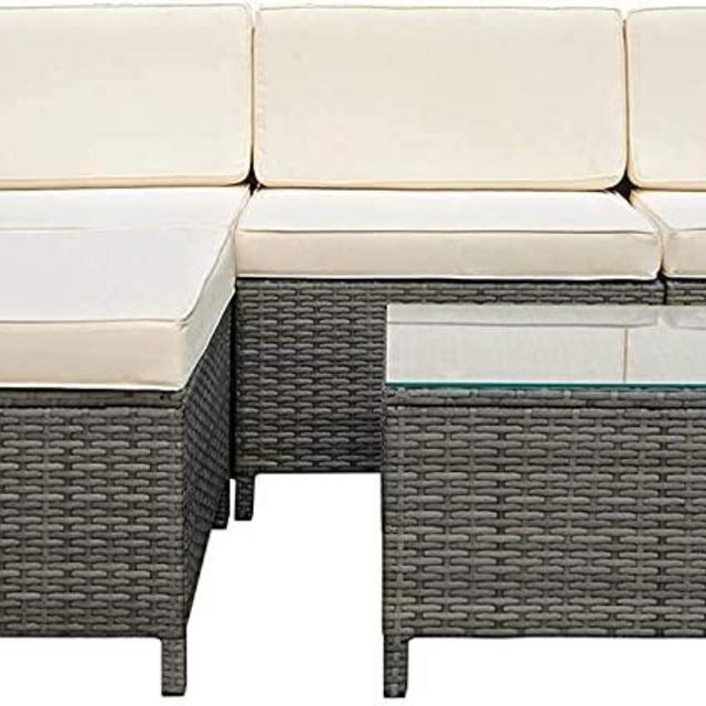 Outdoor Patio Furniture Set, 5 Pieces All-Weather Mix Grey Wicker Rattan Outdoor Sectional Small Patio Sofa Set Couch Conversation Set w/Ottoman, Cream White Washable Cushions
