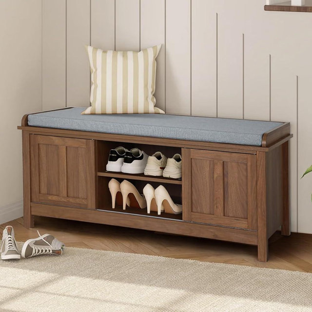 GORZING 2-Tier Shoe Storage Bench,43" Wooden Shoe Cabinet with Sliding Doors,Walnut Shoe Bench with Adjustable Shelves,Storage Bench for Entryway,Hallway,Bedroom