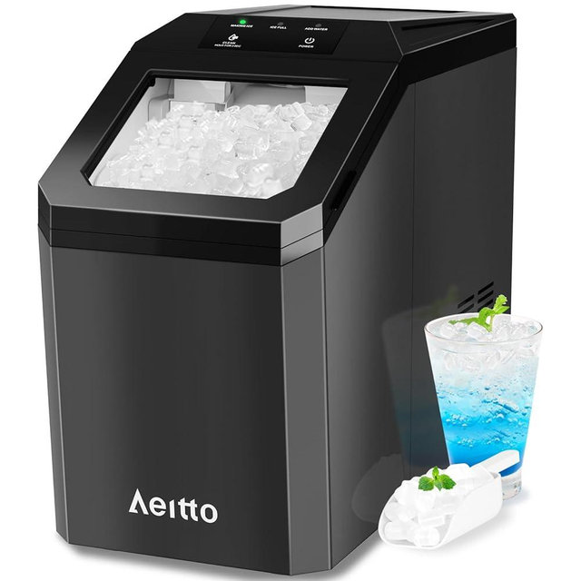 Aeitto Nugget Ice Maker Countertop, 55lbs/24H Ice Machine with 3.6L Water Tank&3.2Lbs Ice Basket, 5-Min Rapid Ice, Self-Cleaning Function with Stainless Steel Housing for Home Office and Party, Black