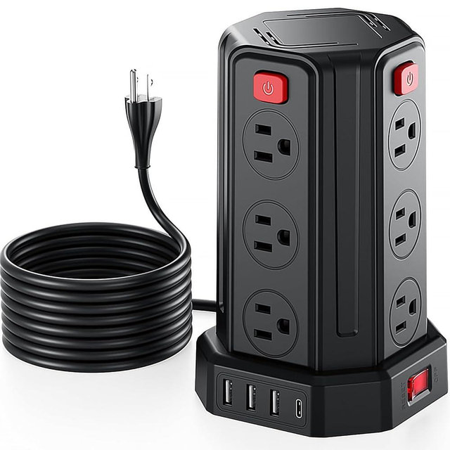 Power Strip Surge Protector, 6.5 Ft Extension Cord with 12 AC Multiple Outlets 4 USB (1 USB C), SMALLRT Power Tower Desktop Charging Station (Black, 6.5 Ft)