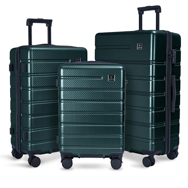 QIMER Luggage Sets 3 Piece, 100% PC Hardside Luggage with Spinner Wheel TSA LOCK Lightweight Quiet Suitable for Men and Women, Family Travel Y01 Green 20/24/28(Diagonal stripes)