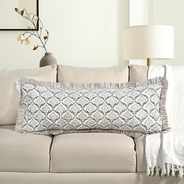 CPC Hand Block Print Sandstone Regal Ruffle Sham Pillow Cover 36" x 14" inch Hidden Zipper Decorative Pillowcase for Couch, Bed, Sofa, Farmhouse, Cottagecore Decor Gift Spring, Mother's Day