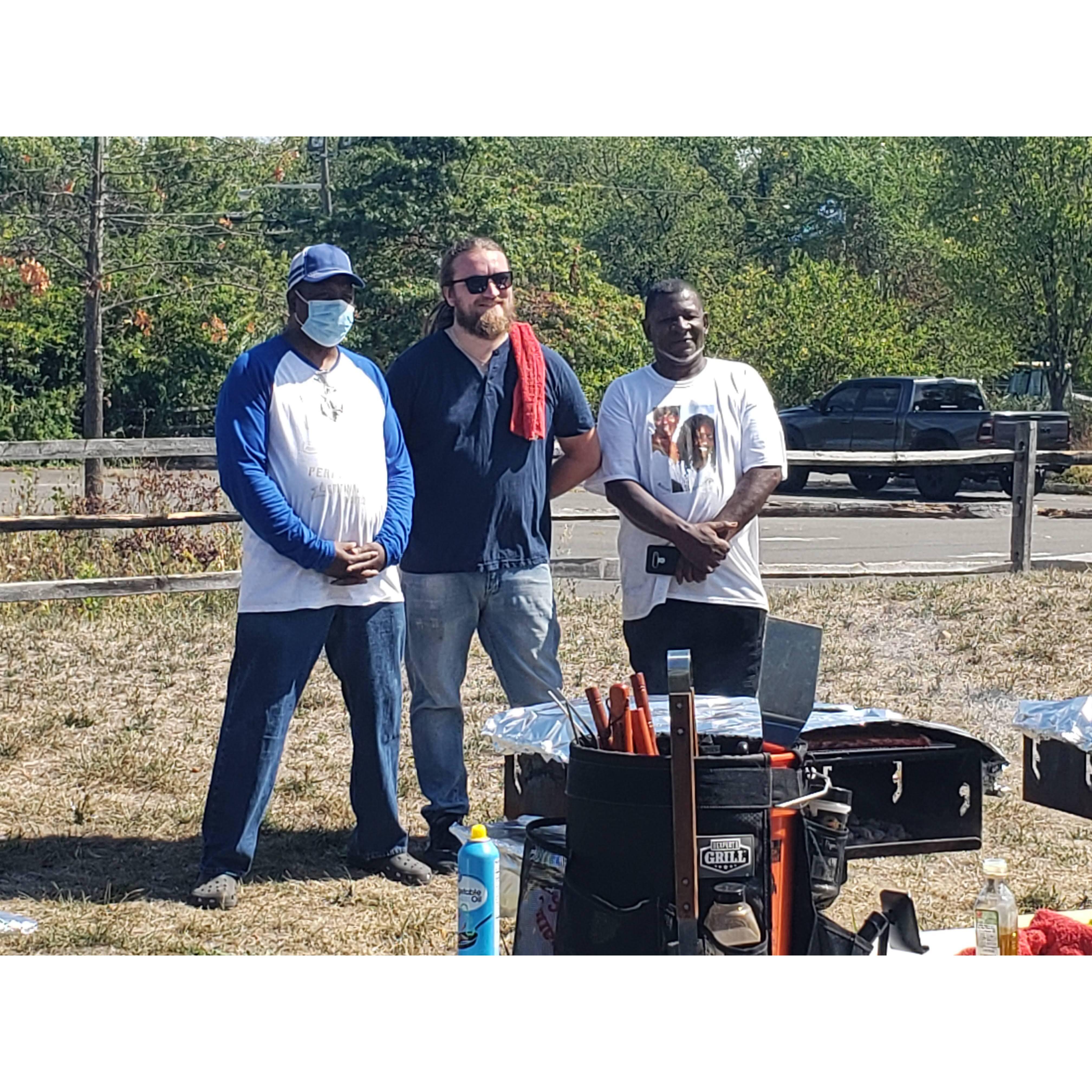 The moment was not only invited to the cookout, but was asked to cook at the cookout! Here he is with my cousins, the usual grill masters at these events.