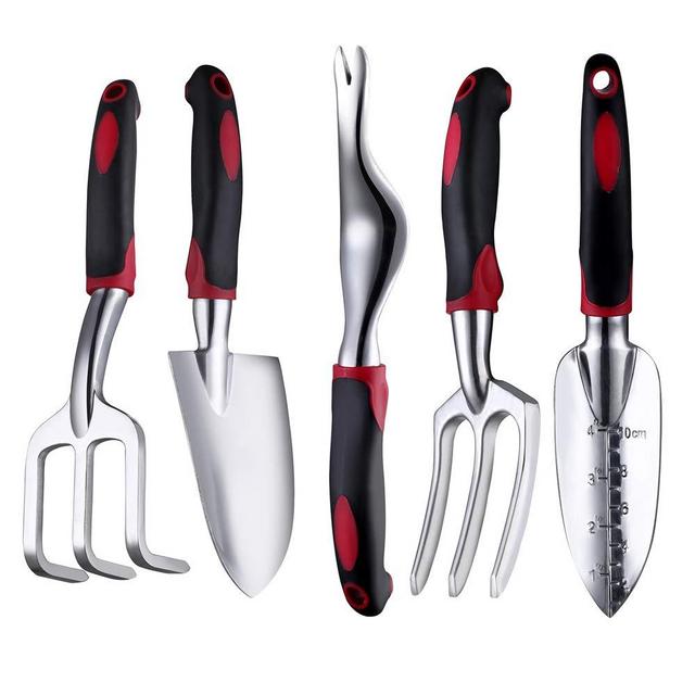 FANHAO Garden Tool Set, 5 Piece Aluminum Heavy Duty Gardening Gifts Tool Set with Non-Slip Rubber Grip for Men and Women (Black/Red)