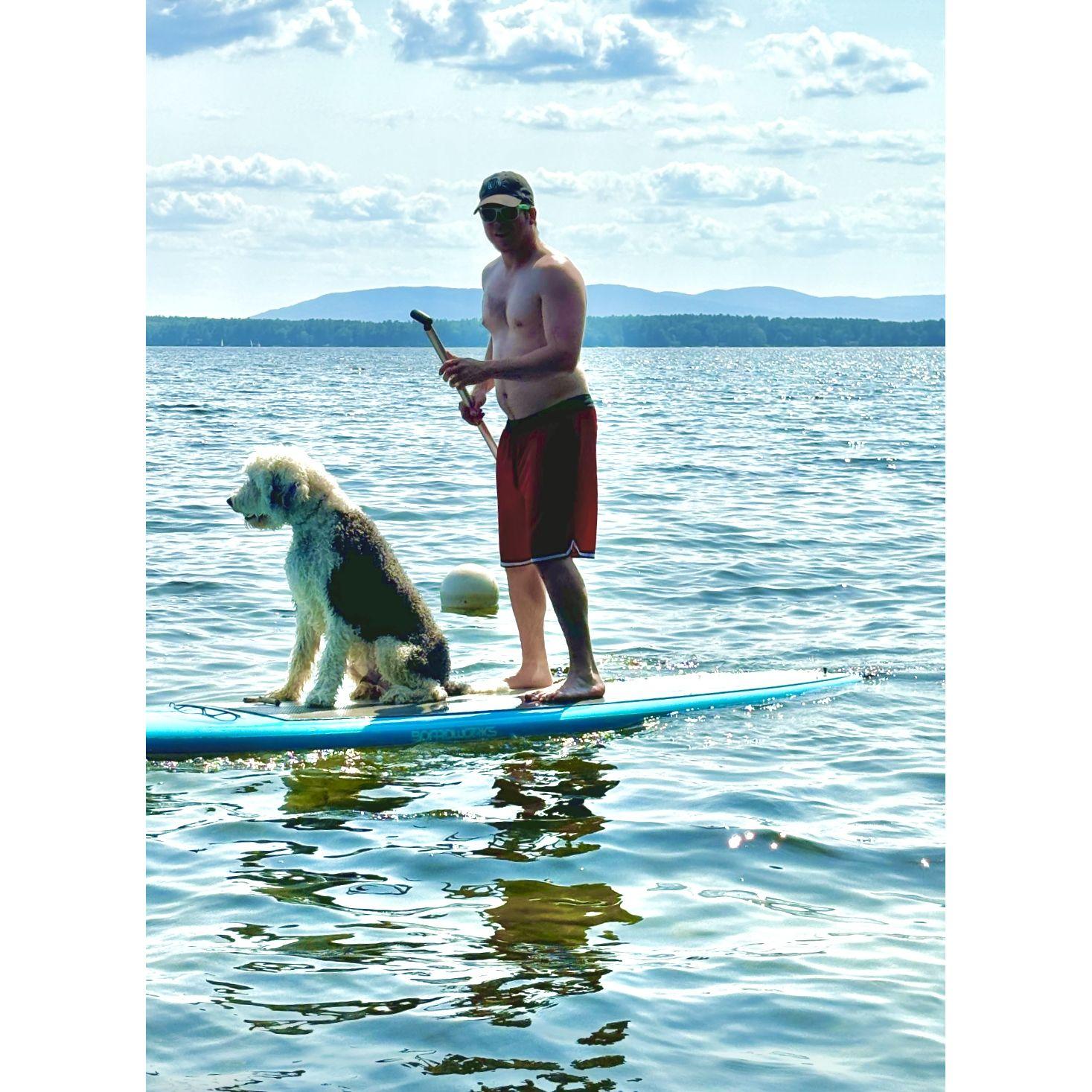 Cruiser and James on the SUP