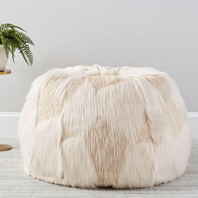 Mongolian Patchwork Faux Fur Bean Bag, 41", Ivory