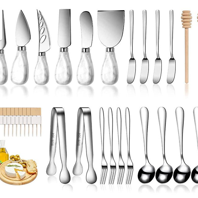 Marble Ceramics Charcuterie Accessories, Cheese Spreader Knive Set for Ceramics Silver Handle Butter knives, Mini Cheese Knife Kit Slicer With Tongs, Spoons, Forks,Honey Dipper (23 Pack)