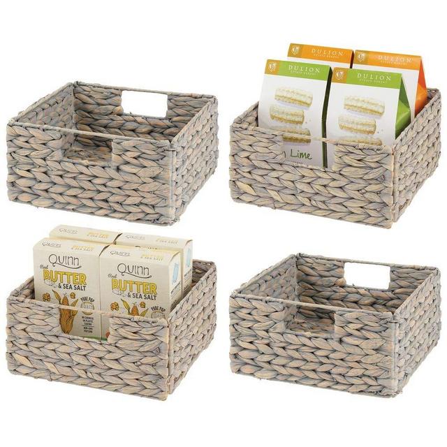 mDesign Woven Hyacinth Farmhouse Kitchen Storage Organizer Basket Bin with Handles for Kitchen Cabinets, Pantry, Bathroom, Laundry Room, Closets, Office - 4 Pack - Gray Wash
