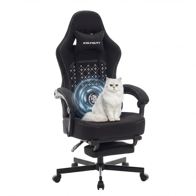 Kslysuty Gaming Chair Breathable Fabric with Pocket Spring Cushion, Wide and High Ergonomic Office Chair with Headrest, Computer Gaming Chair with Footrest for Adult and Teen (Black Fabric)