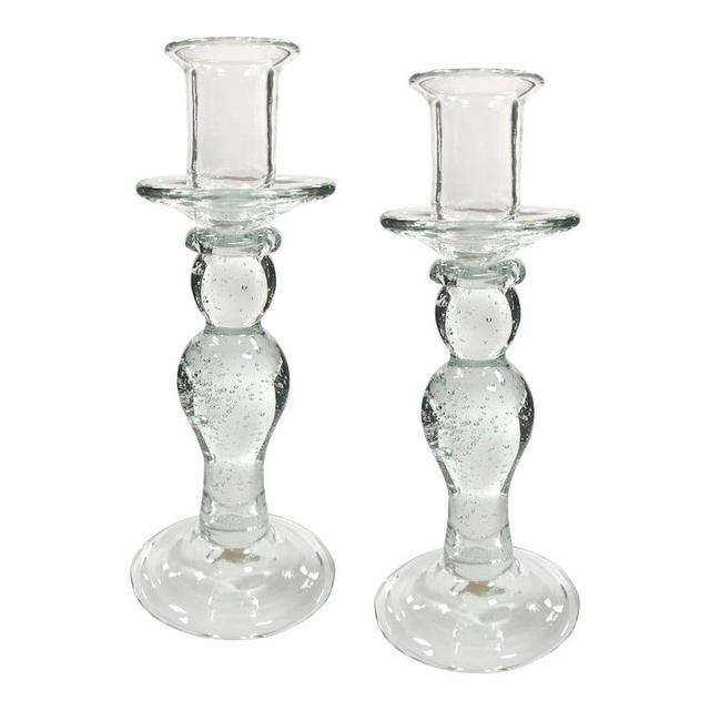 Hand-Blown Clear Thick Glass Candlesticks- a Pair