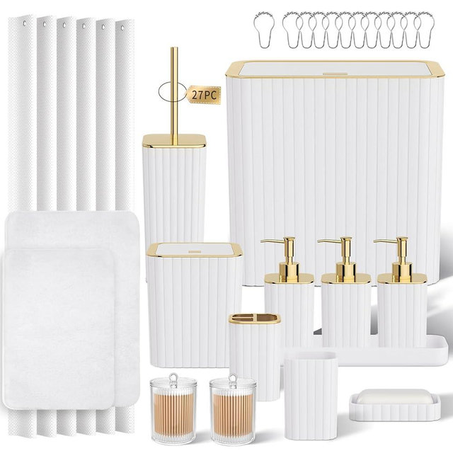 InnJoey Bathroom Accessory Set - Elegant Bathroom Set, 27PC Bathroom Accessories Set, White Bathroom Sets with Shower Curtain and Rugs, Mini Trash Can, Toilet Brush, Trash Can & Soap Dispenser