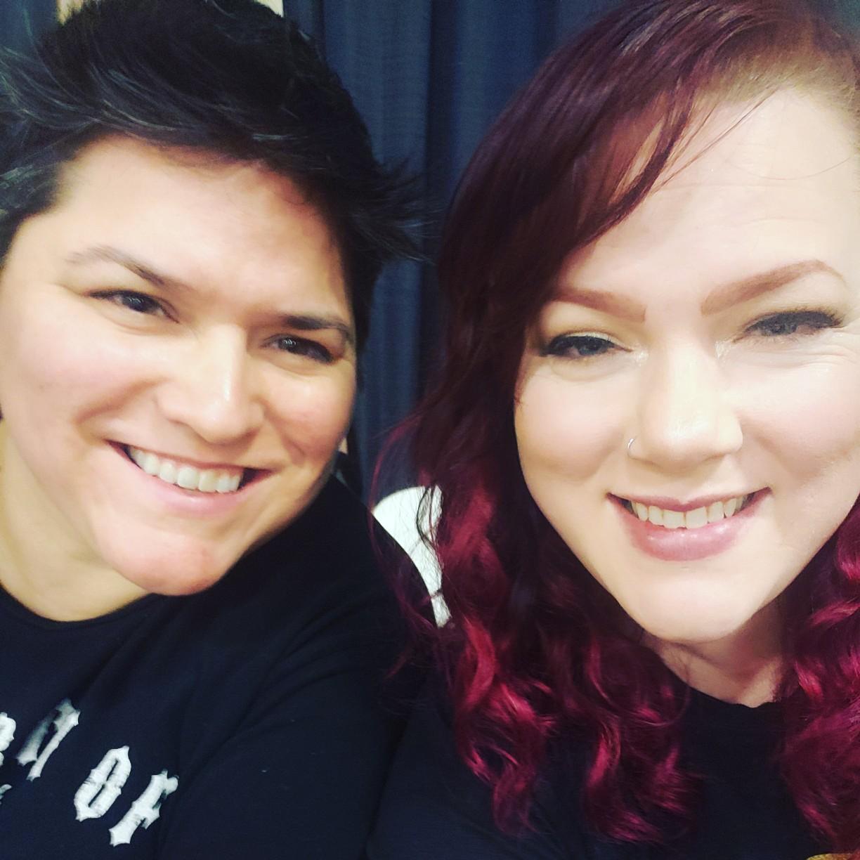 Tearing up the stage as Announcer (Sarah) and DJ (Stacey) during one of our roller derby games, 2019