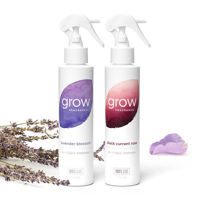 Grow Fragrance Scented Fabric and Room Air Freshener Spray - Certified Non-Toxic, 100% Plant-Based Essential Oils - 5 oz (Lavender Blossom + Black Currant Rose 2-Count)