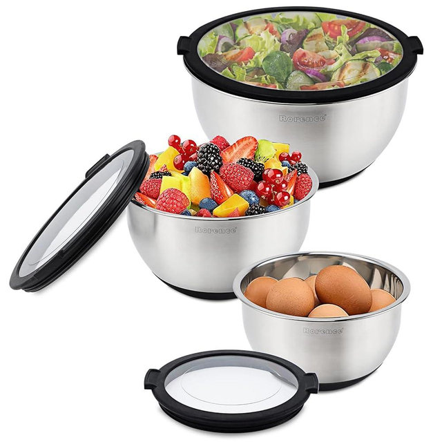 Rorence Stainless Steel Mixing Bowls with Transparent Lids Set, Nesting Metal Salad Bowls with Non-slip Silicone Bottom for Kitchen, Set of 3-1.5QT, 3QT, 5QT, Dishwasher Safe, Black