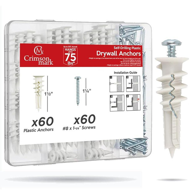 CrimsonMark 120Pcs Self Drilling Drywall Anchors and Screws kit #8 x 1-1/4”- Superb Wall Anchors for Drywall, Holds Upto 75lbs – No Drill Hole Required with These Dry Wall Screws and Anchors